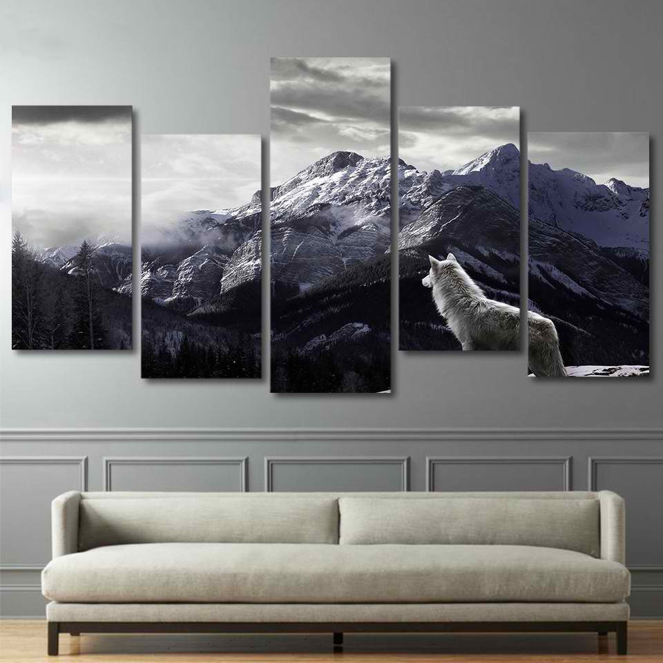 HD Prints Canvas Wall Art 5 Pieces Snow Mountain Plateau Wolf Paintings Animal Posters Framework