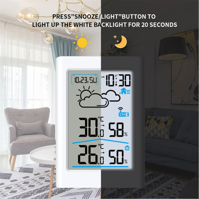 Digital Weather Station Indoor Outdoor Hygrometer Thermometer Wireless Weather Forecast Sensor, Alarm, Clock, Date, and Back-light