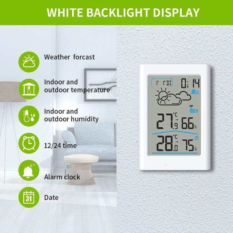 Digital Weather Station Indoor Outdoor Hygrometer Thermometer Wireless Weather Forecast Sensor, Alarm, Clock, Date, and Back-light