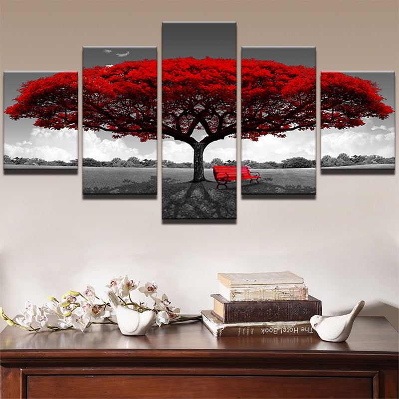 Modular Canvas HD Prints Posters 5 Pieces Red Tree Art Scenery Landscape Paintings Framework PENGDA