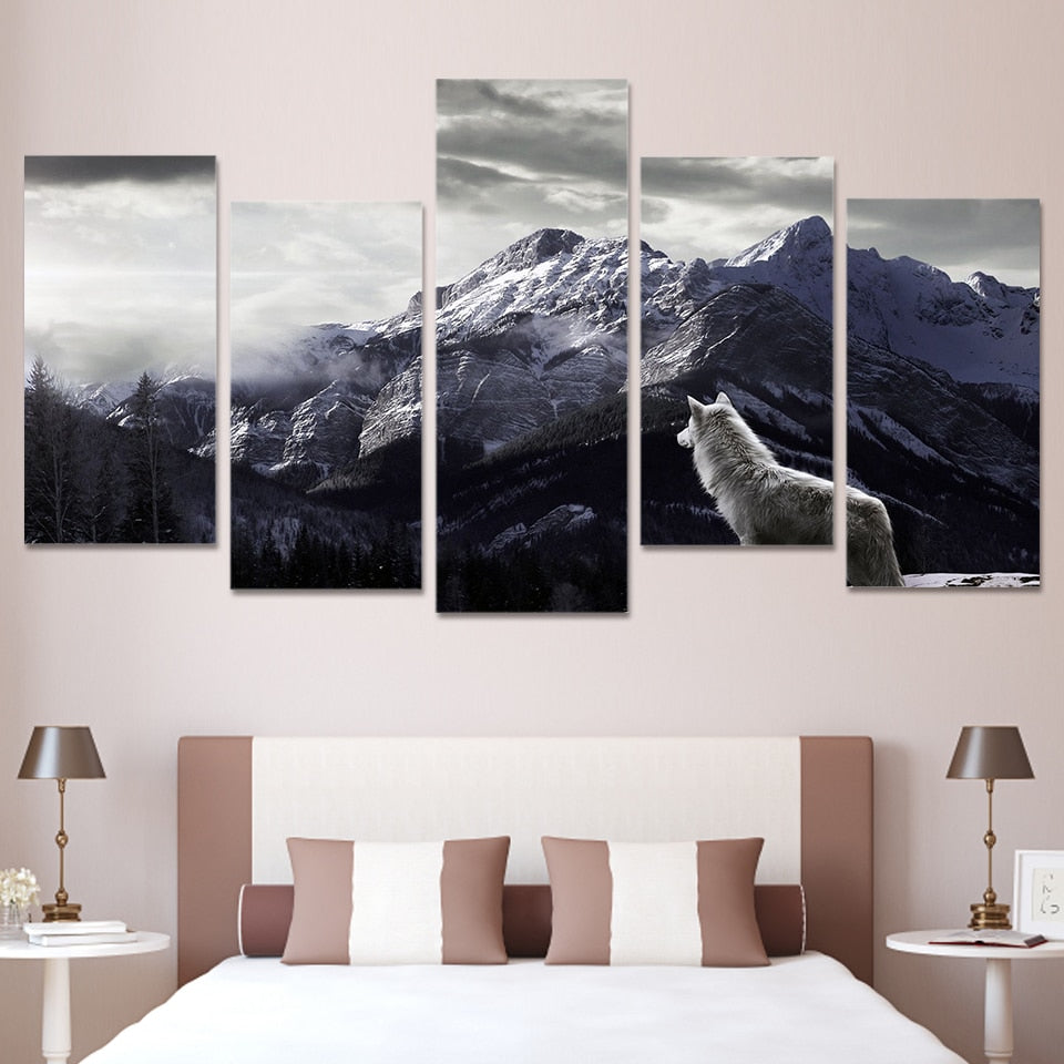 HD Prints Canvas Wall Art 5 Pieces Snow Mountain Plateau Wolf Paintings Animal Posters Framework