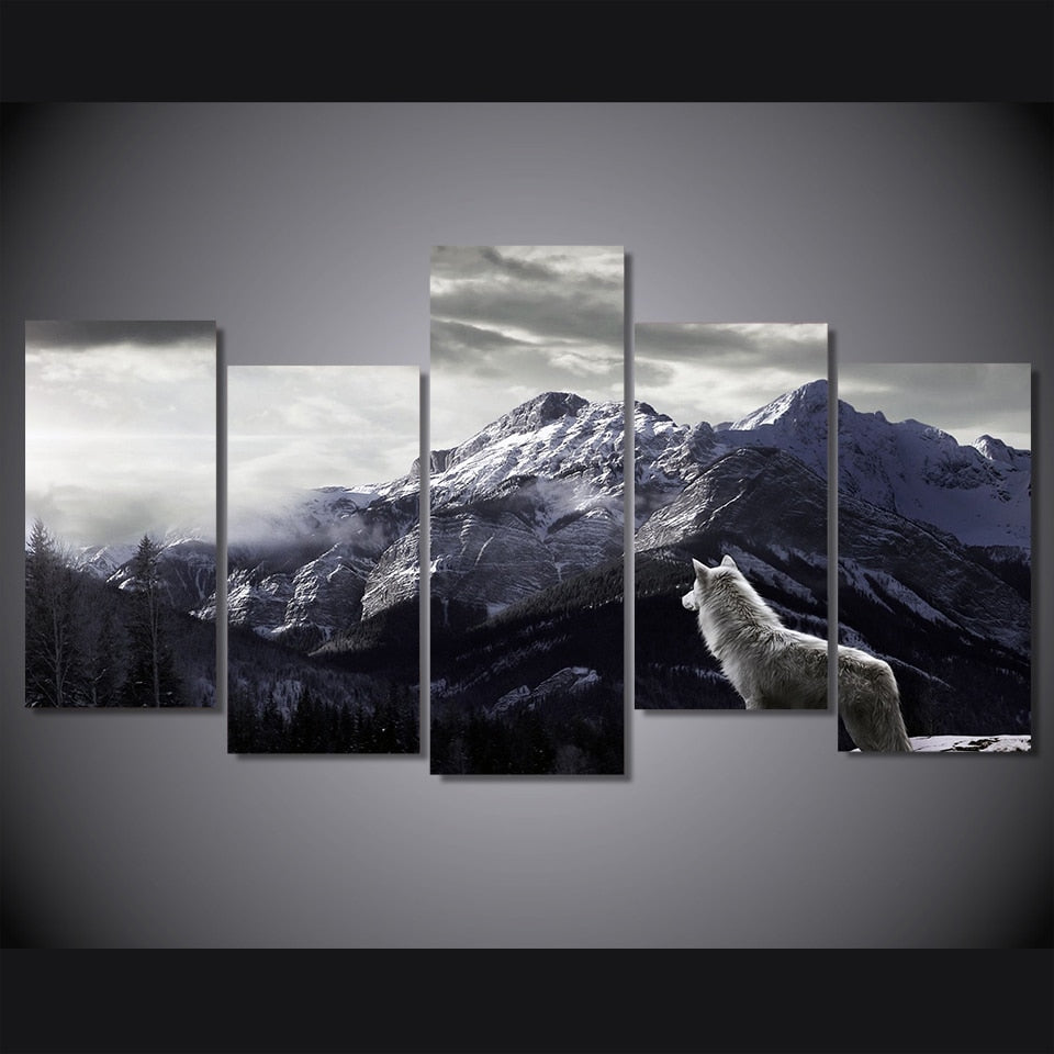 HD Prints Canvas Wall Art 5 Pieces Snow Mountain Plateau Wolf Paintings Animal Posters Framework