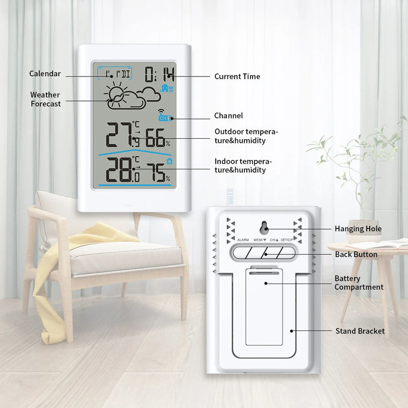 Digital Weather Station Indoor Outdoor Hygrometer Thermometer Wireless Weather Forecast Sensor, Alarm, Clock, Date, and Back-light