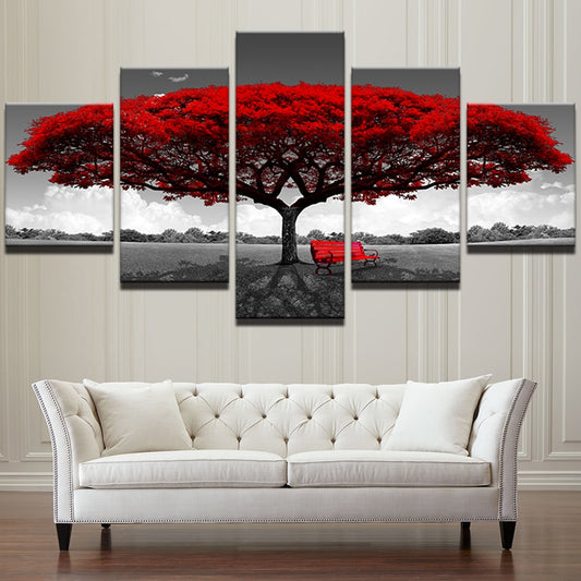 Modular Canvas HD Prints Posters 5 Pieces Red Tree Art Scenery Landscape Paintings Framework PENGDA