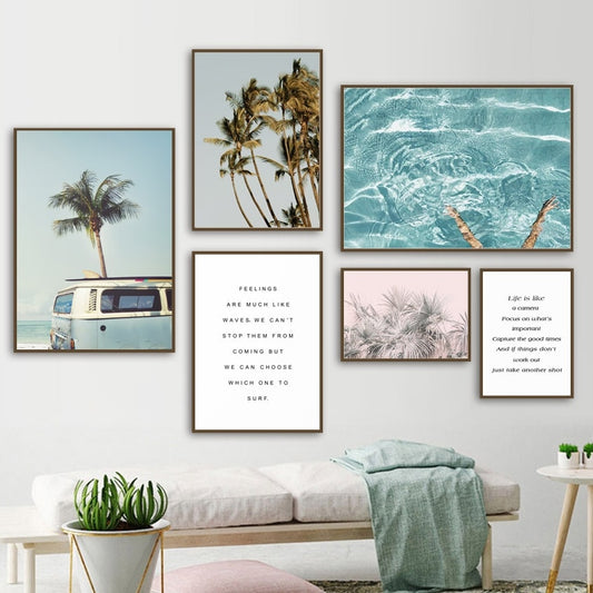 Coconut Tree Palm leafs Bus Sea Landscape Wall Art Canvas Painting Nordic Posters And Prints