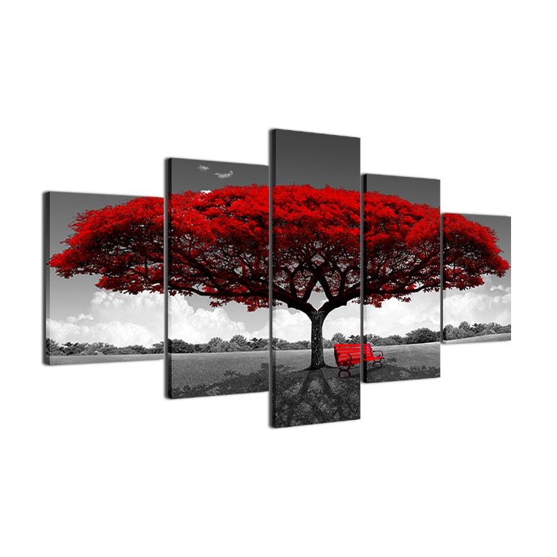 Modular Canvas HD Prints Posters 5 Pieces Red Tree Art Scenery Landscape Paintings Framework PENGDA