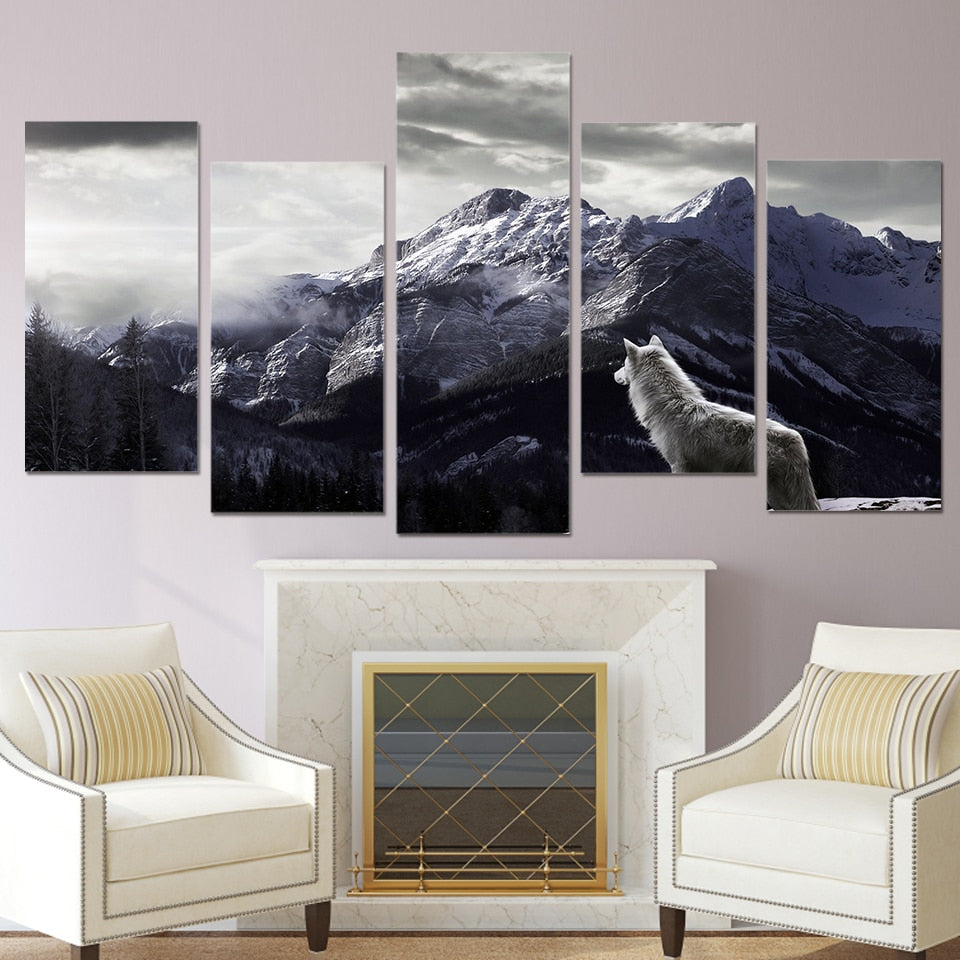 HD Prints Canvas Wall Art 5 Pieces Snow Mountain Plateau Wolf Paintings Animal Posters Framework