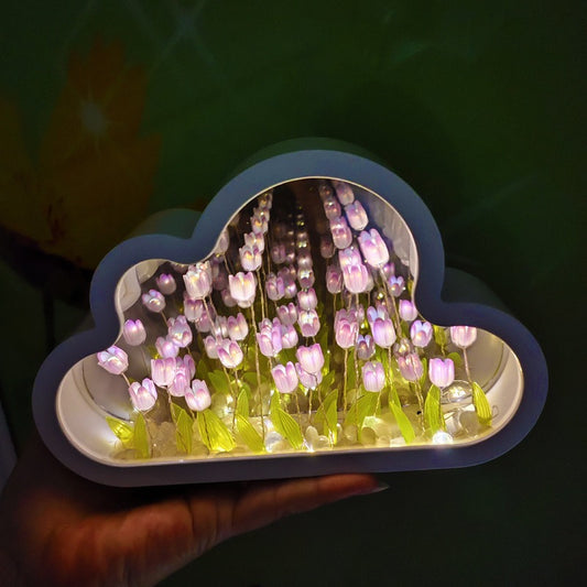 DIY Cloud Tulip LED Night Light Ornaments Creative Photo Frame Mirrored Table Lamps