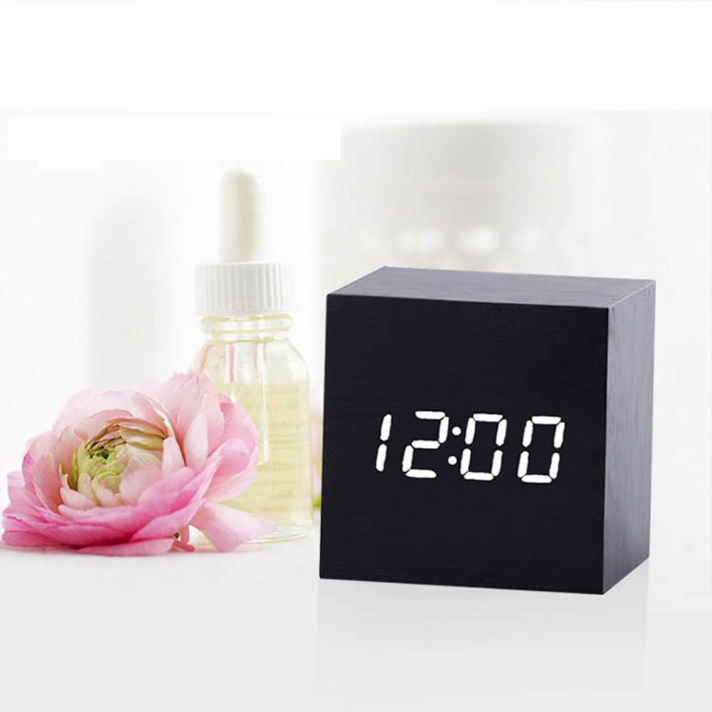 Multicolor Sounds Control Wooden Clock New Modern Wood Digital LED Desk Alarm Clock Thermometer Timer Calendar Table Decor