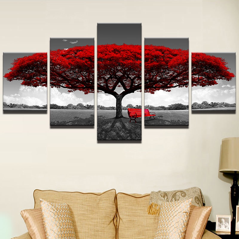 Modular Canvas HD Prints Posters 5 Pieces Red Tree Art Scenery Landscape Paintings Framework PENGDA