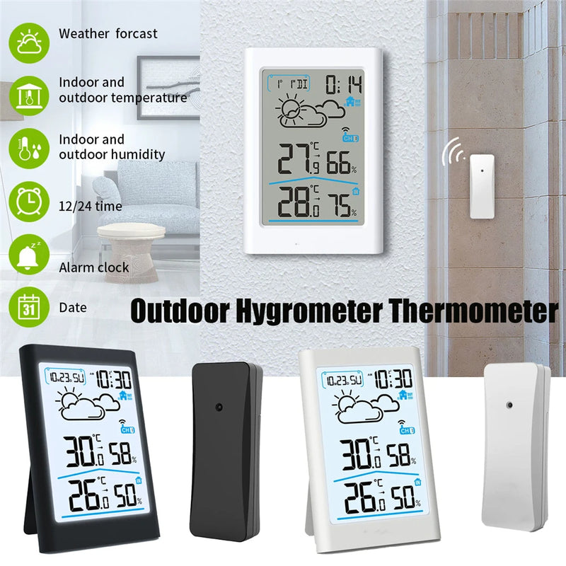 Digital Weather Station Indoor Outdoor Hygrometer Thermometer Wireless Weather Forecast Sensor, Alarm, Clock, Date, and Back-light